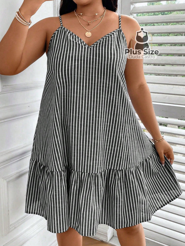Vestido Plus Size Listras Cores Soltinho Babado - G / Chumbo