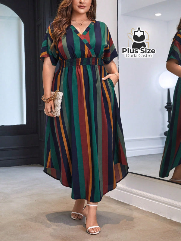 1 Plussize Listrada Manga De Asa Morcego Bolso Oculto 0Xl Vestido
