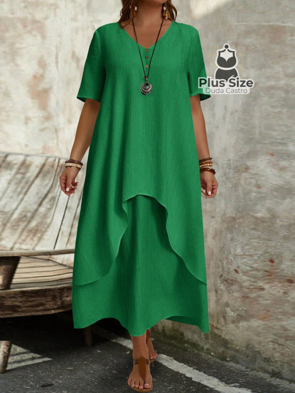 Vestido Longo De Manga Curta Com Decote Em V Liso Plus Size