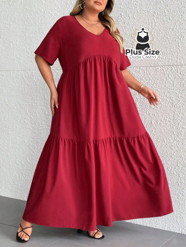 Vestido Longo Solto Plus Size Extra Decote Em V Manga Curta