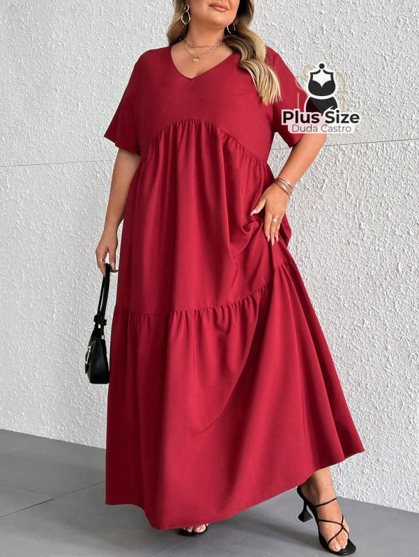 Vestido Longo Solto Plus Size Extra Decote Em V Manga Curta