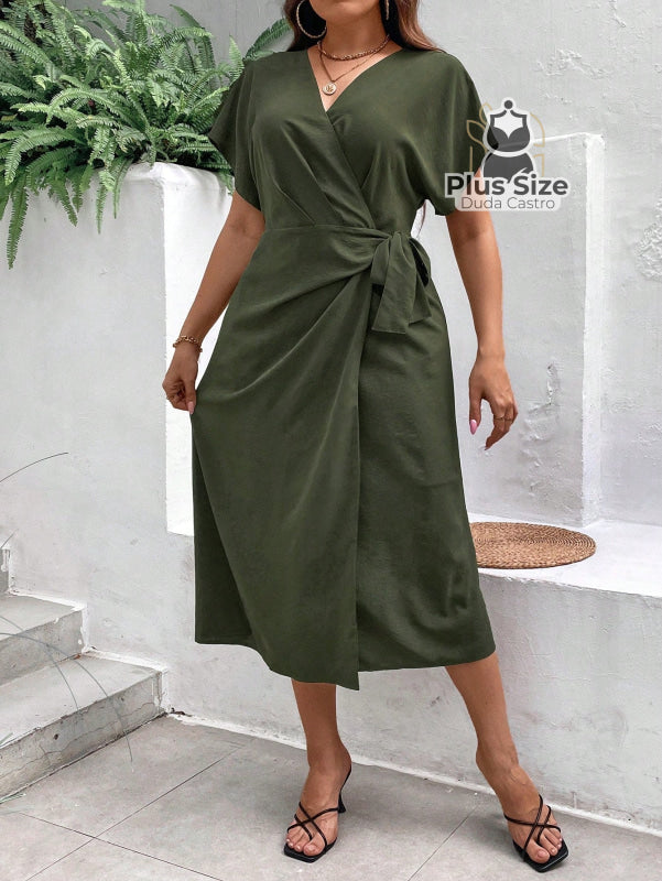 Vestido Midi Liso Transpassado Plus Size Várias Cores