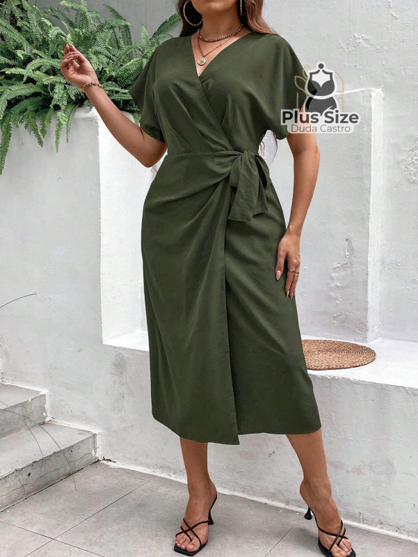 Vestido Midi Liso Transpassado Plus Size Várias Cores