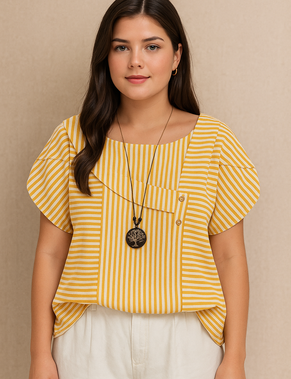 Camisa em Algodão e Viscose com Colarinho Assimétrico Listrada Plus Size Várias Cores