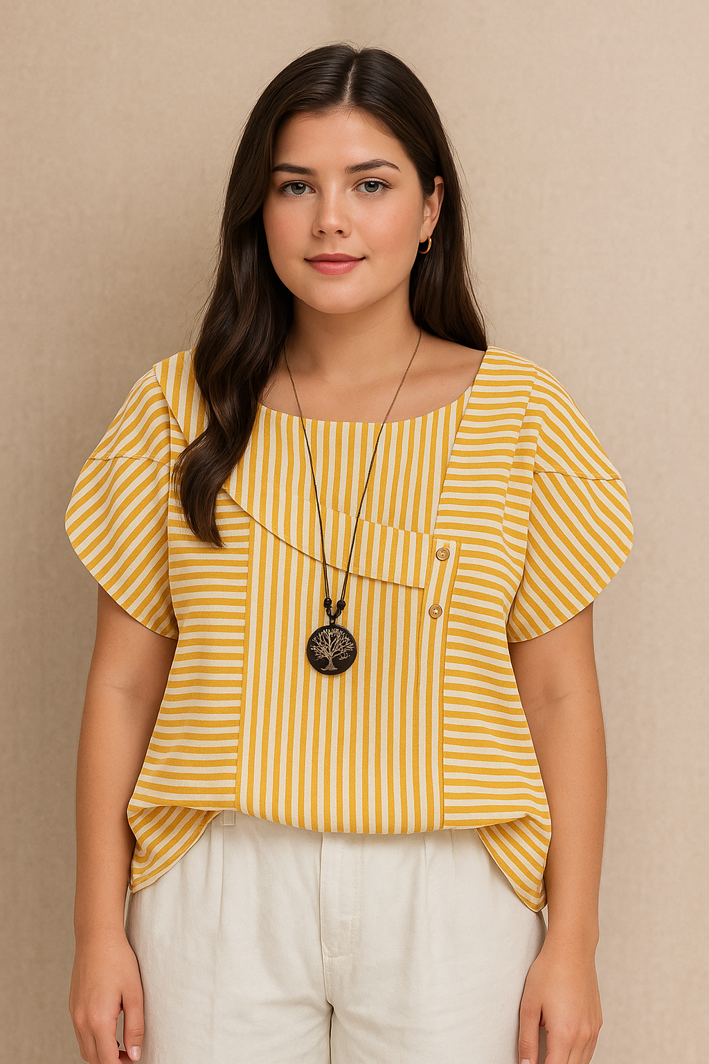 Camisa em Algodão e Viscose com Colarinho Assimétrico Listrada Plus Size Várias Cores
