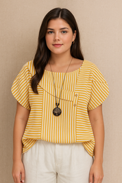 Camisa em Algodão e Viscose com Colarinho Assimétrico Listrada Plus Size Várias Cores