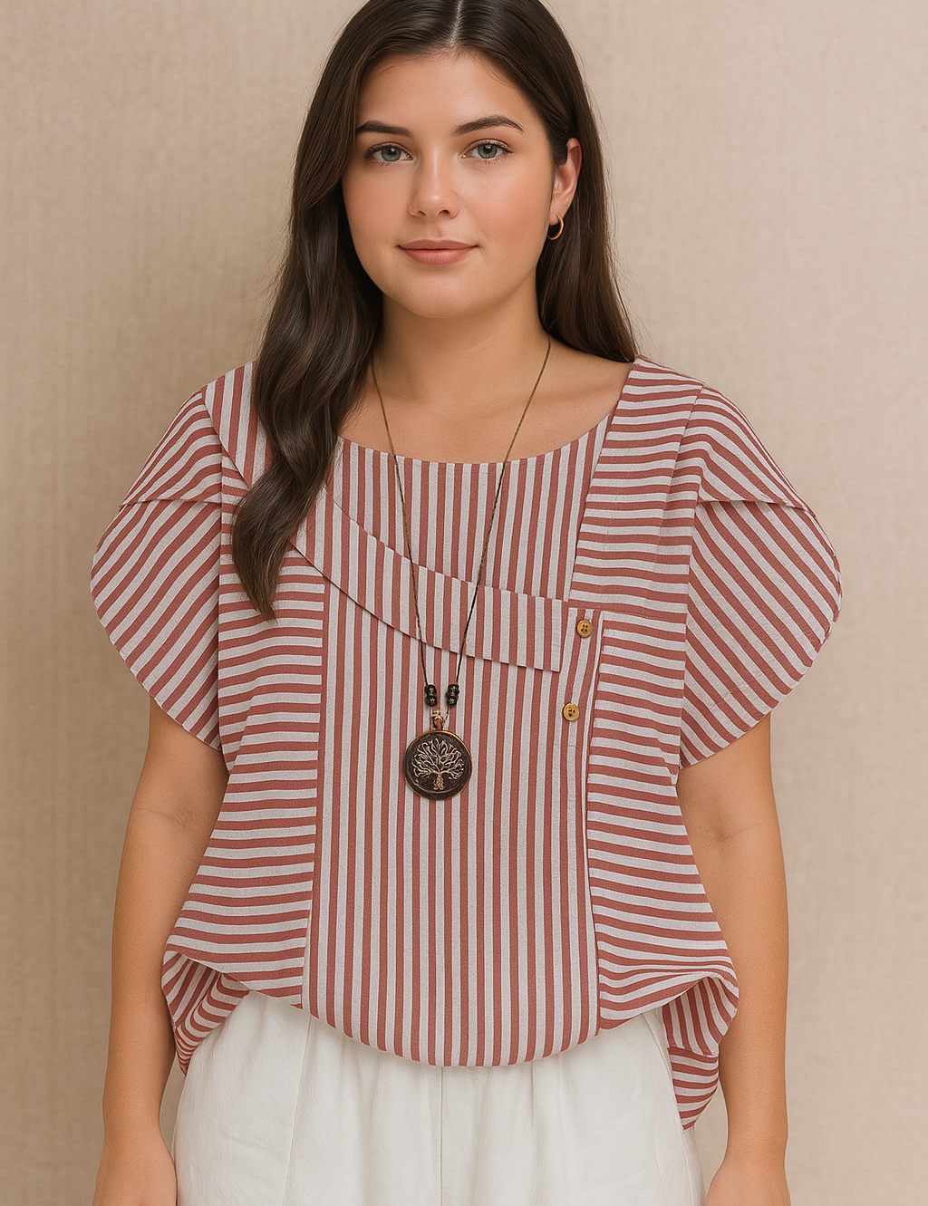 Camisa em Algodão e Viscose com Colarinho Assimétrico Listrada Plus Size Várias Cores
