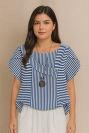Camisa em Algodão e Viscose com Colarinho Assimétrico Listrada Plus Size Várias Cores