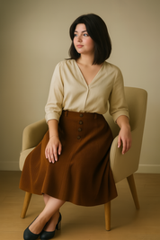 Saia Flare em Veludo Cotelê Cóz em Elastico Atrás Plus Size