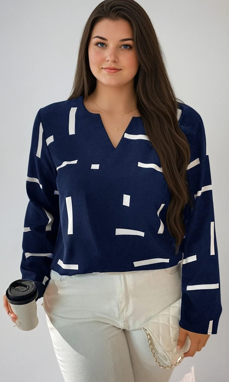 Camisa Geométrica Elegante de Manga Longa com Decote em V Plus Size