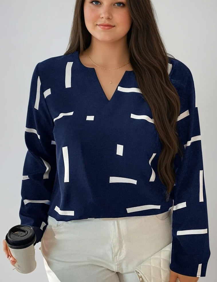 Camisa Geométrica Elegante de Manga Longa com Decote em V Plus Size