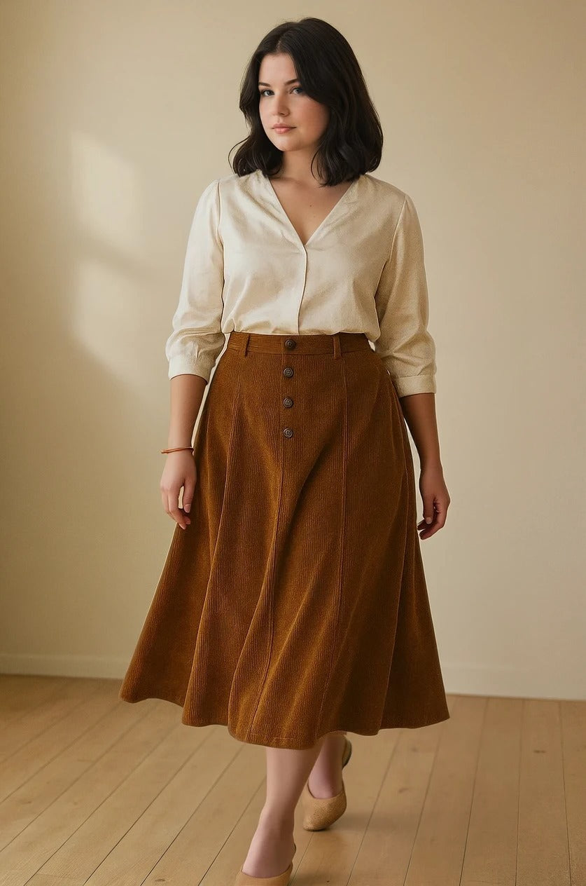 Saia Flare em Veludo Cotelê Cóz em Elastico Atrás Plus Size