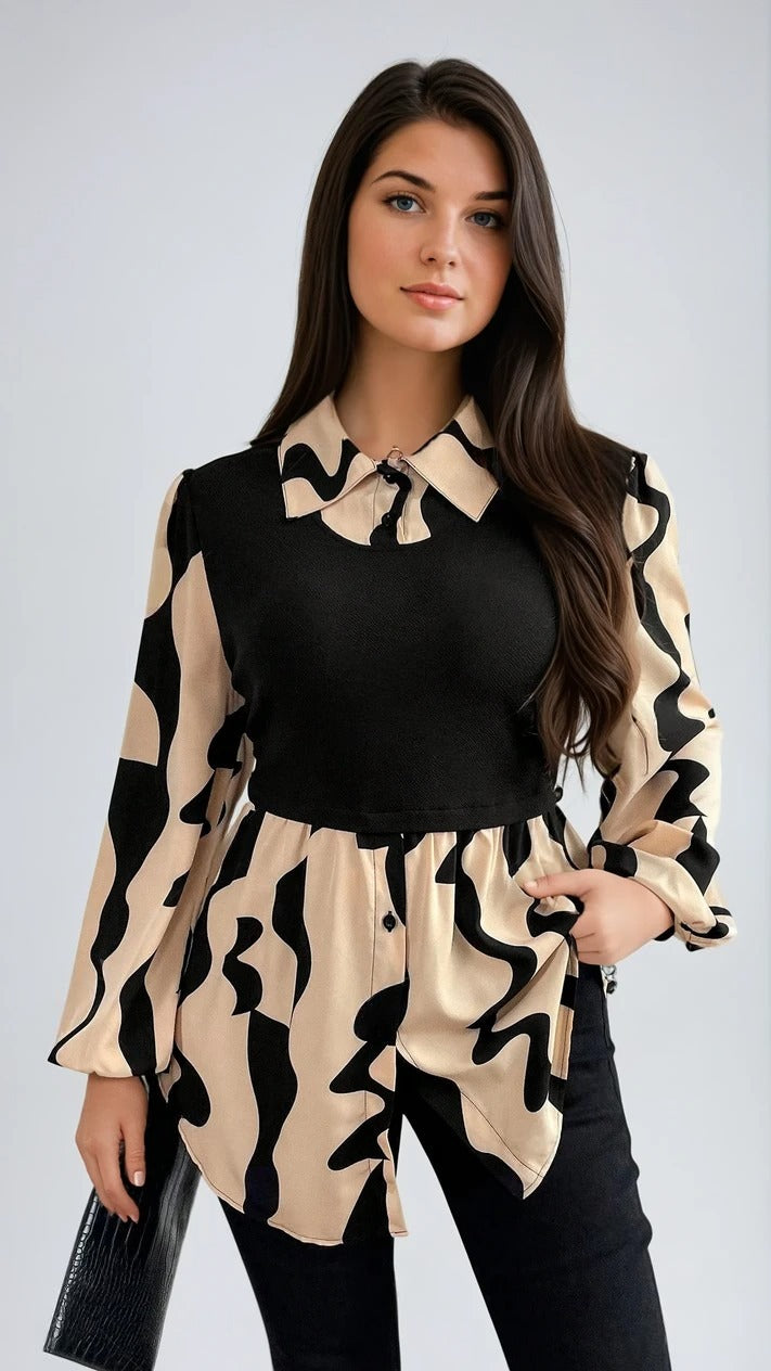 Blusa 2 em 1 com Sobreposição Plus Size -  Estampa Abstrata e Shape Alongado