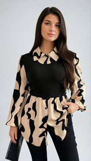 Blusa 2 em 1 com Sobreposição Plus Size -  Estampa Abstrata e Shape Alongado
