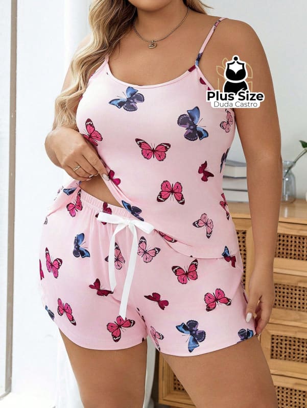 Shortdoll Plus Size Borboletas - G1 / Rosa chiclete