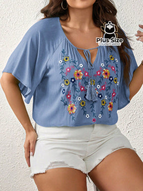 Bata Bordada Em Viscose Com Manga Raglan Plus Size