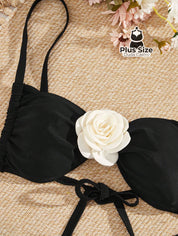 Biquini Com Alças De Espaguete Bordado Flores 3D Plus Size