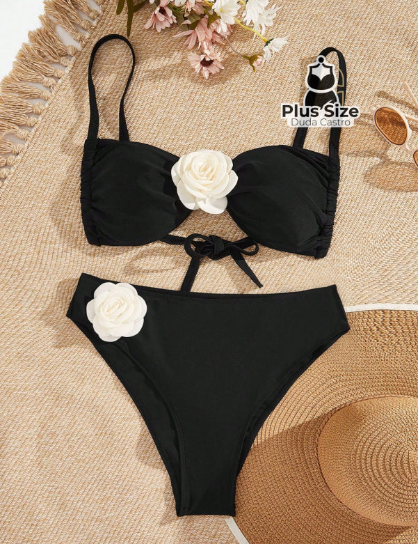 Biquini Com Alças De Espaguete Bordado Flores 3D Plus Size G