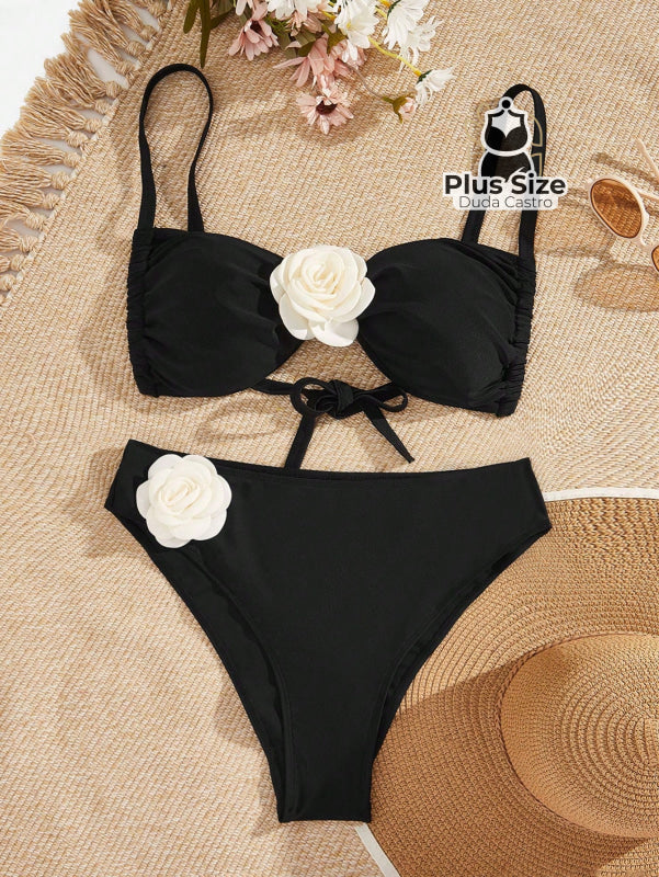 Biquini Com Alças De Espaguete Bordado Flores 3D Plus Size G
