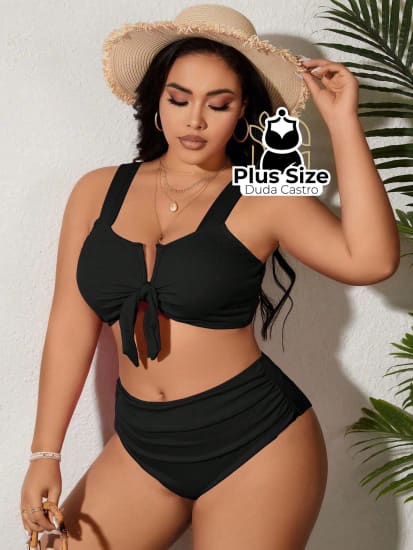 Biquíni Liso Com Detalhe Em Nozinho Preto Plus Size - Só A Parte Superior