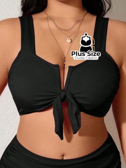 Biquíni Liso Com Detalhe Em Nozinho Preto Plus Size - Só A Parte Superior