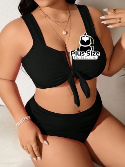 Biquíni Liso Com Detalhe Em Nozinho Preto Plus Size - Só A Parte Superior