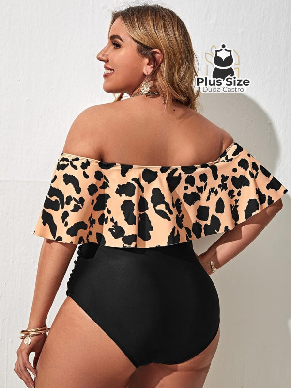 Plussize Biquíni Sexy Cropped Babados Em Leopardo Cintura Alta Drapeada Maiô
