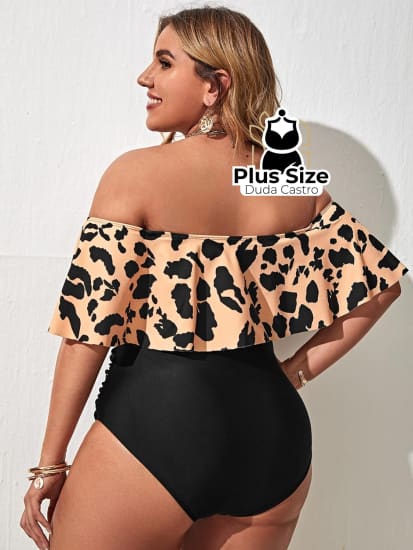 Plussize Biquíni Sexy Cropped Babados Em Leopardo Cintura Alta Drapeada Maiô