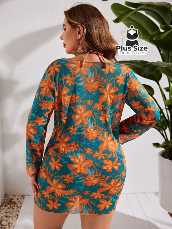 Biquini Tipo Cortininha Com Estampa Floral E Saída De Praia