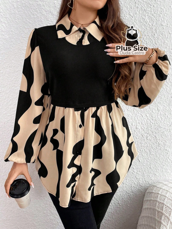 Blusa 2 em 1 com Sobreposição Plus Size - Estampa Abstrata e Shape Alongado Blusa 2 em 1 com Sobreposição Plus Size