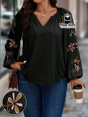 Blusa Bordado De Flores Na Manga Plus Size