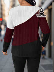 Blusa Canelada Várias Cores Plus Size Bloco de Cores Gola V Blusa Canelada Várias Cores Plus Size Bloco de Cores Gola V