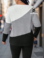 Blusa Canelada Várias Cores Plus Size Bloco de Cores Gola V Blusa Canelada Várias Cores Plus Size Bloco de Cores Gola V