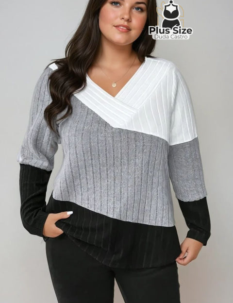 Branco Cinza e Preto Blusa Canelada Várias Cores Plus