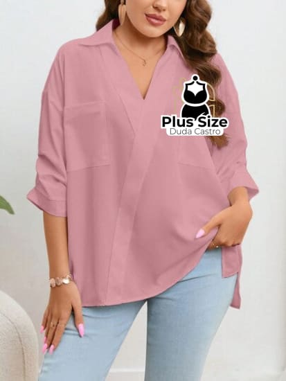 Blusa Com Bolso Manga Pregueada Várias Cores Plus Size