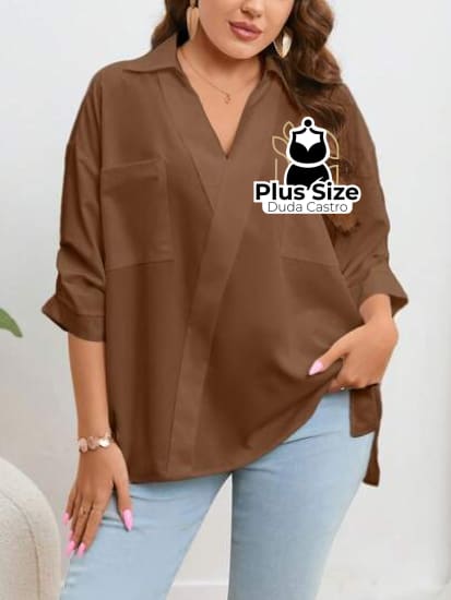 Blusa Com Bolso Manga Pregueada Várias Cores Plus Size