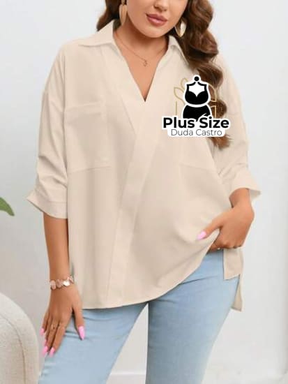 Blusa Com Bolso Manga Pregueada Várias Cores Plus Size