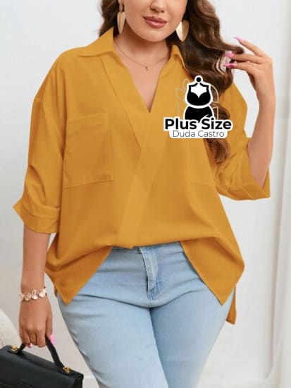 Blusa Com Bolso Manga Pregueada Várias Cores Plus Size G / Amarelo Mostarda