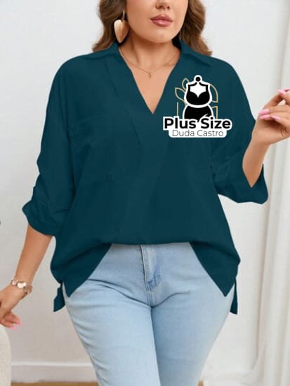 Blusa Com Bolso Manga Pregueada Várias Cores Plus Size G / Azul Petróleo