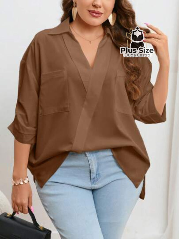 Blusa Com Bolso Manga Pregueada Várias Cores Plus Size G / Castanho