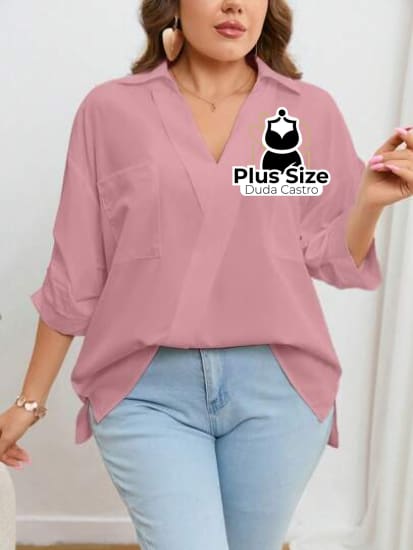 Blusa Com Bolso Manga Pregueada Várias Cores Plus Size G / Rosa Empoeirado