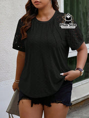 Camiseta Renda De Contraste Manga Raglan Plus Size Blusa