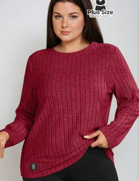  Marsala Quente Blusa de Frio Manga Longa Gola Redonda