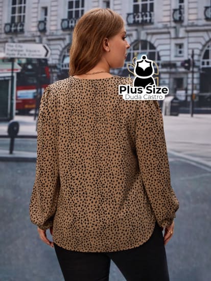 Blusa De Leopardo Manga Lanterna Plus Size