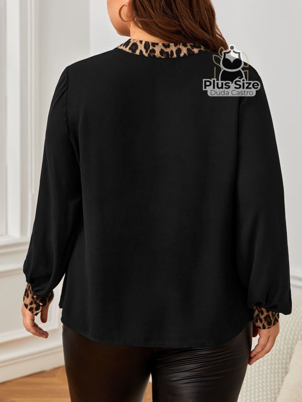 Blusa De Manga Longa Com Decote Em V E Detalhe Onça Elegante Plus Size