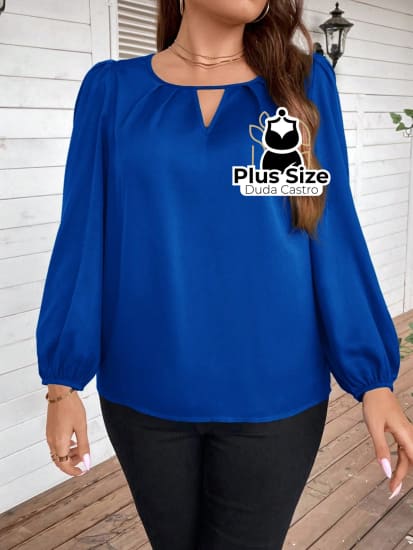 1 Plussize Blusa Verde Decote De Fechadura E Mangas Compridas G / Azul Royal Plus Size