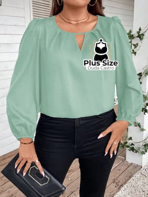 Blusa Decote V Mangas Compridas Plus Size G / Verde Menta