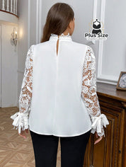 Blusa Elegante Plus Size com Gola Alta Manga 100% Rendada Várias Cores Blusa Elegante Plus Size com Gola Alta Manga