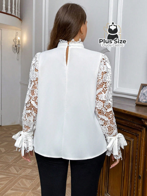 Blusa Elegante Plus Size com Gola Alta Manga 100% Rendada Várias Cores Blusa Elegante Plus Size com Gola Alta Manga