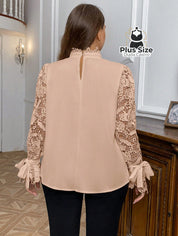 Blusa Elegante Plus Size com Gola Alta Manga 100% Rendada Várias Cores Blusa Elegante Plus Size com Gola Alta Manga